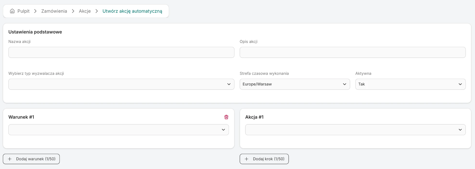An empty new-action form: name and description, trigger, run time zone, the Active switch, a condition card and a step card