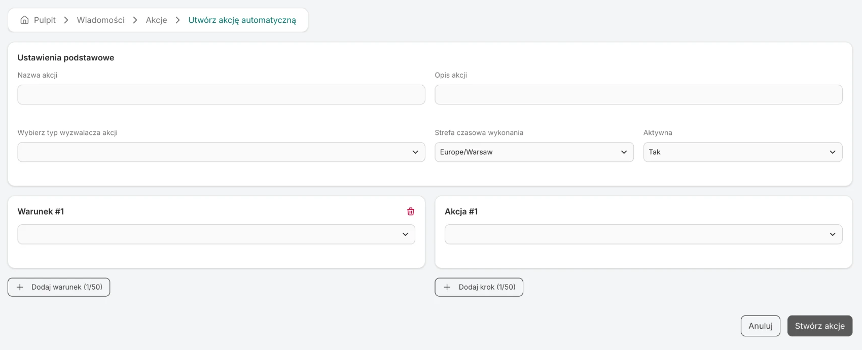 An empty new-action form for messages: basic settings, a condition card and a step card
