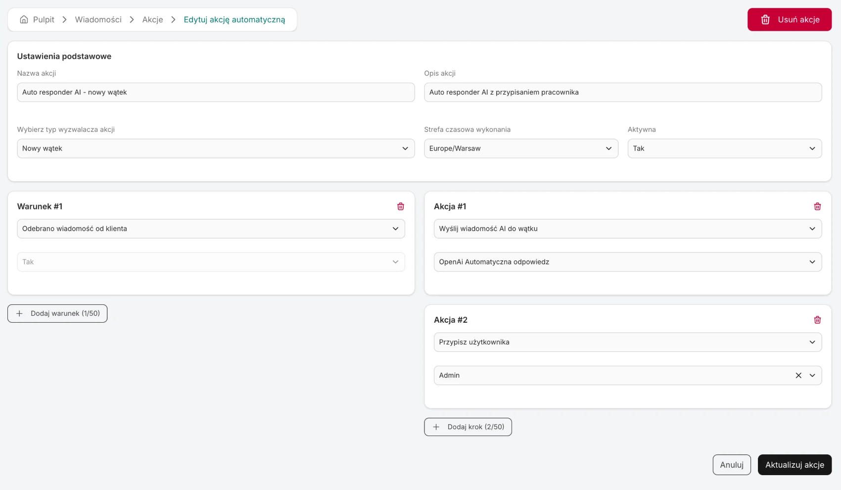 The action form: the New thread trigger, the Message received from customer condition, the Send AI message to thread and Assign user steps