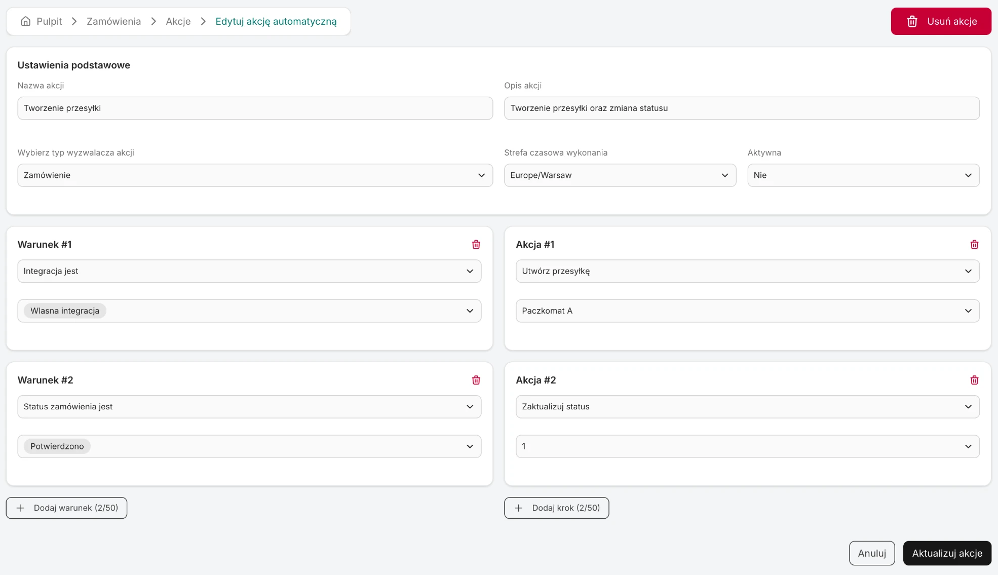 The action form: the Order trigger, the Integration is and Order status is conditions, the Create shipment and Update status steps