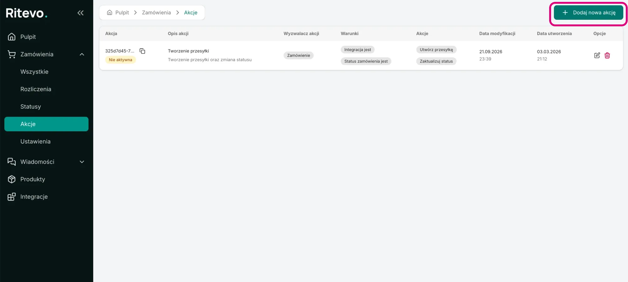 The list of automatic order actions with the Actions item highlighted in the left panel; the Add new action button in the top right corner is framed