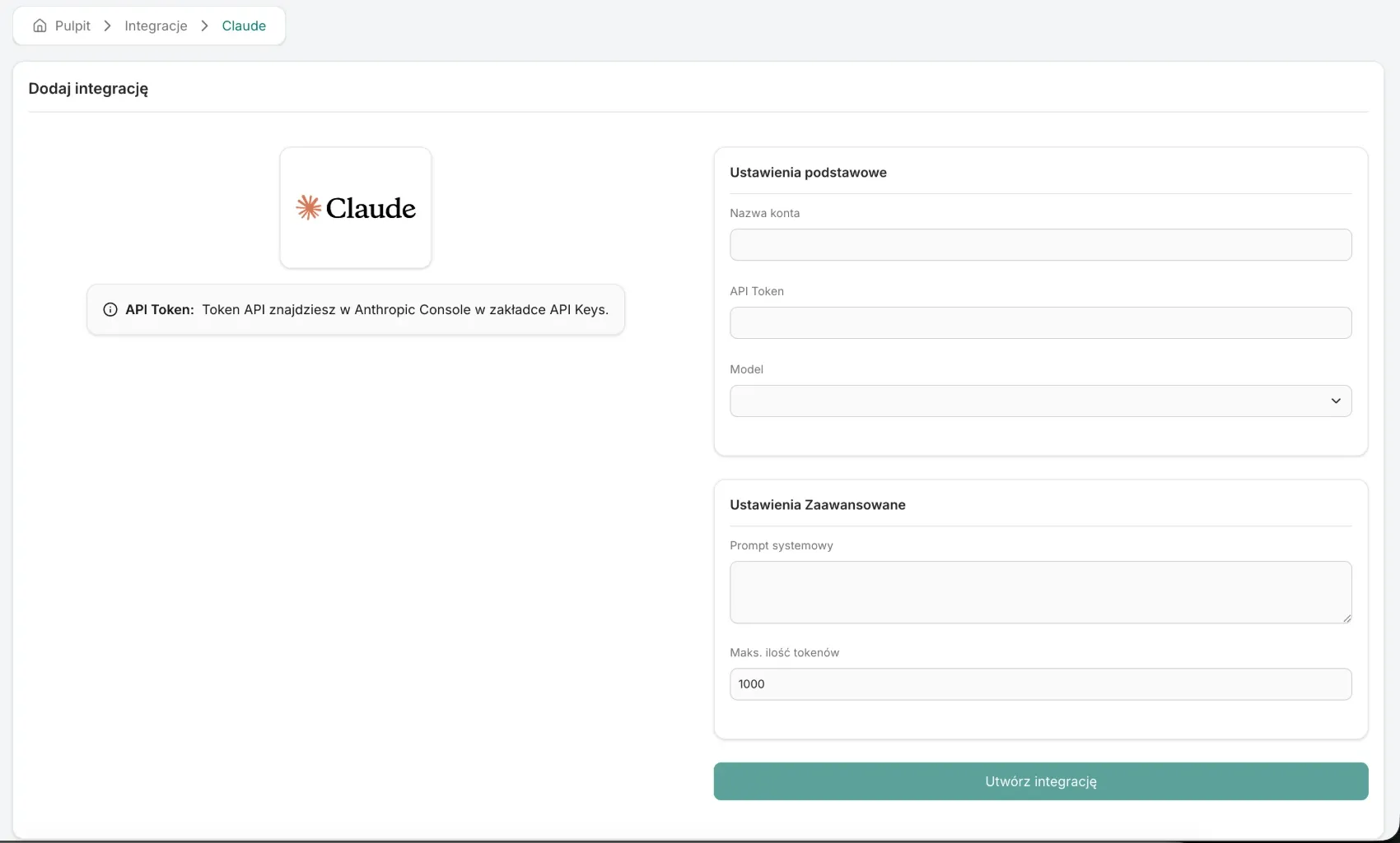 Ekran dodawania integracji Claude z polami Nazwa konta, API Token, Model, Prompt systemowy i Maks. ilość tokenów