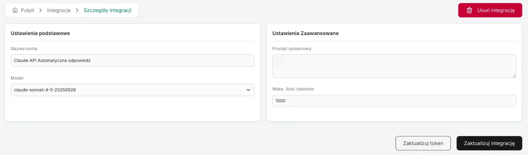 Szczegóły integracji Claude: nazwa konta, model, prompt systemowy, maks. ilość tokenów oraz przyciski Zaktualizuj token i Zaktualizuj integrację