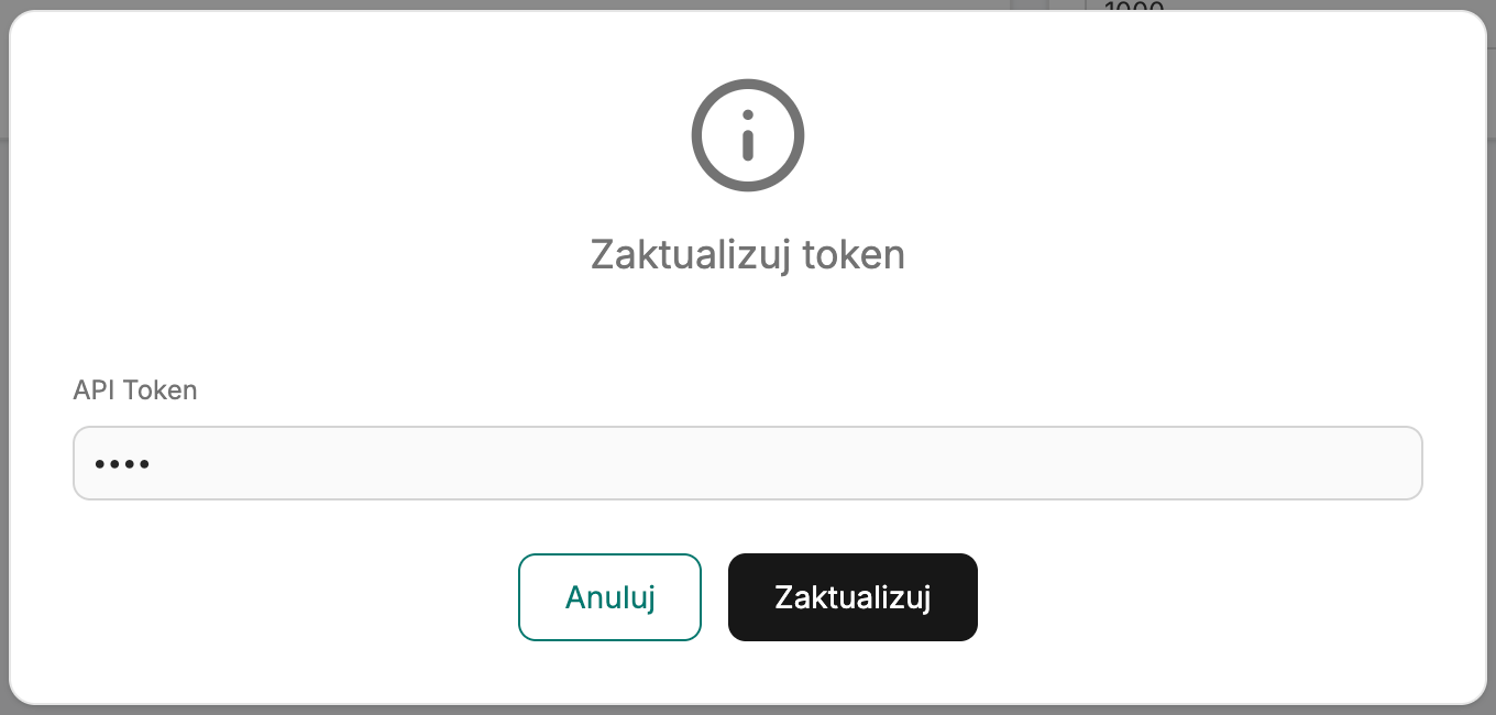 Okno Zaktualizuj token w integracji Claude z polem API Token