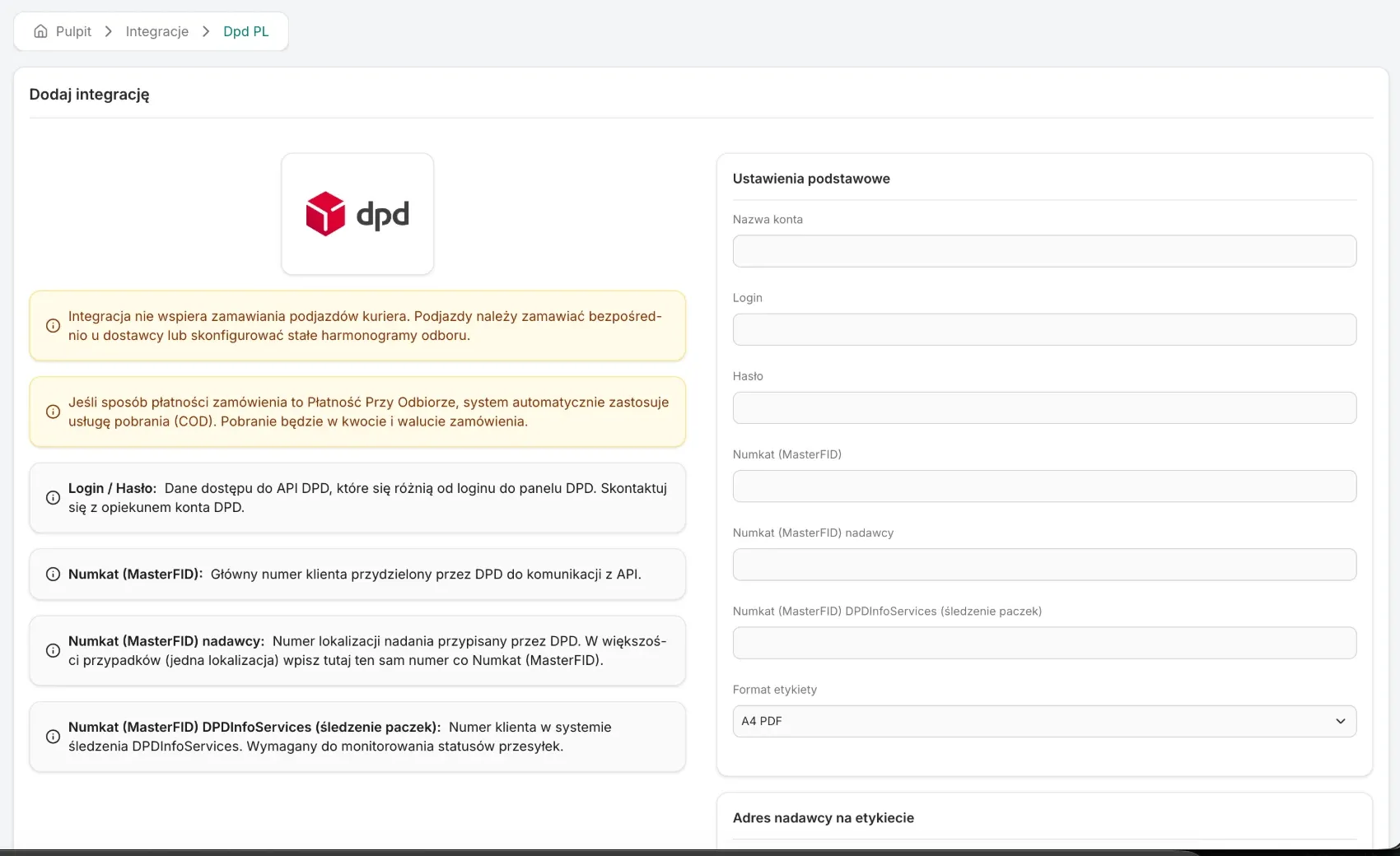 Ekran dodawania integracji DPD z polami Nazwa konta, Login, Hasło, trzema numerami Numkat i formatem etykiety