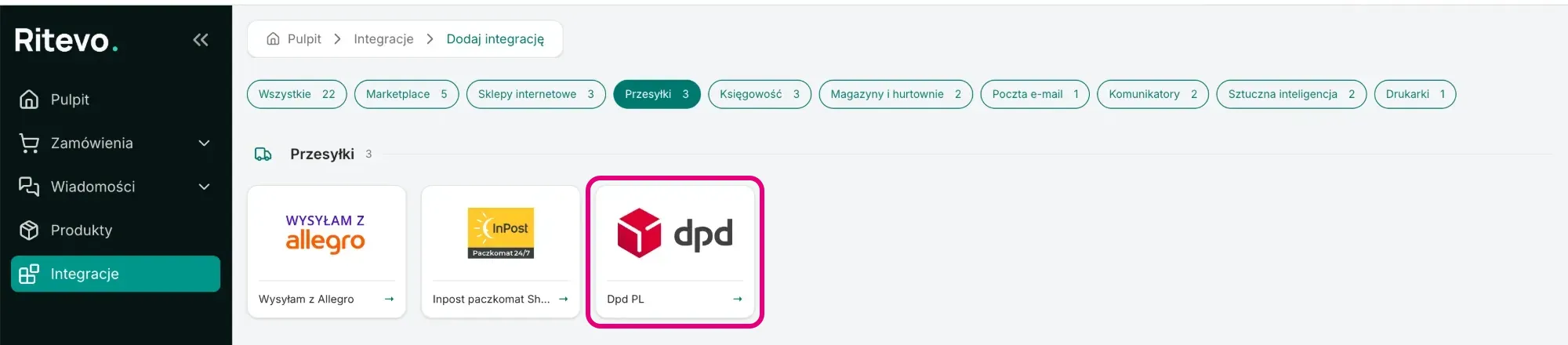 Ekran Dodaj integrację z zaznaczonym kafelkiem Dpd PL w sekcji Przesyłki