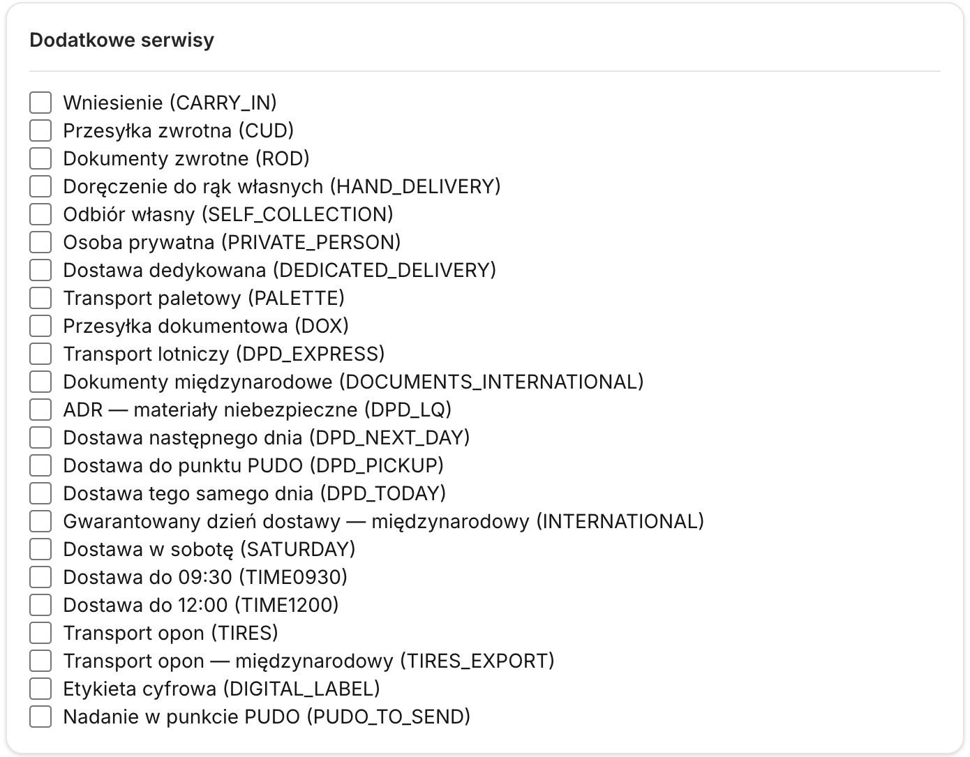 Karta Dodatkowe serwisy z listą usług DPD do zaznaczenia