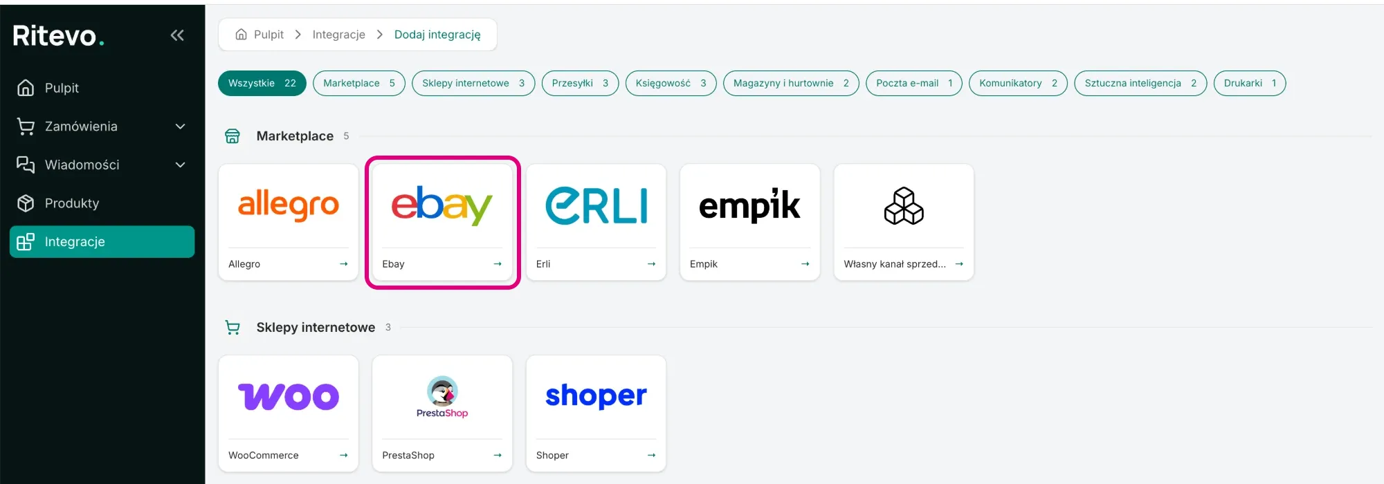The Add integration screen with the Ebay tile framed in the Marketplace section