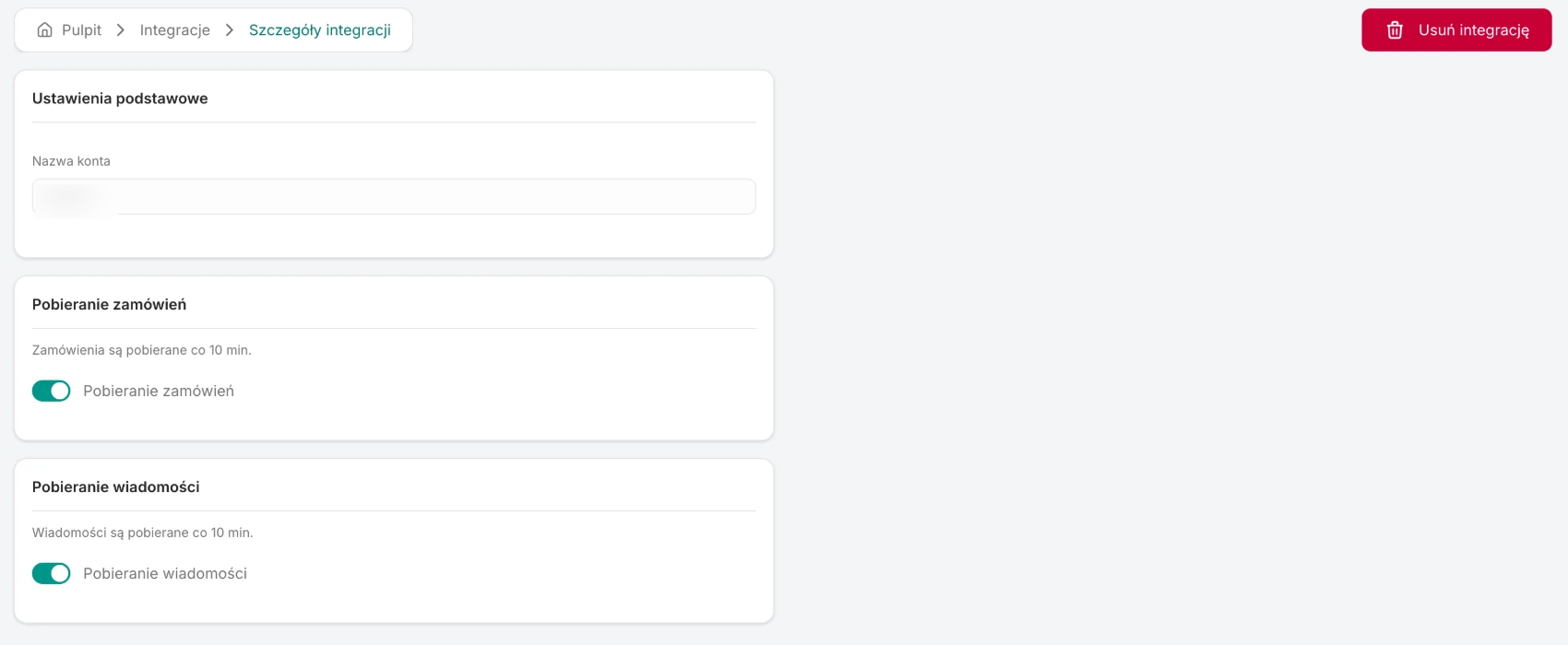eBay integration details: the account name and the Fetch orders and Fetch messages switches