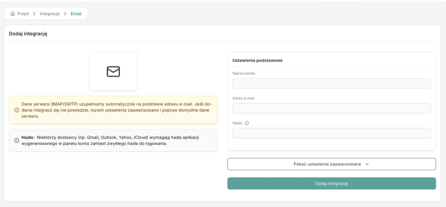 Ekran dodawania integracji e-mail z polami Nazwa konta, Adres e-mail i Hasło, informacją o haśle aplikacji i przyciskiem Pokaż ustawienia zaawansowane