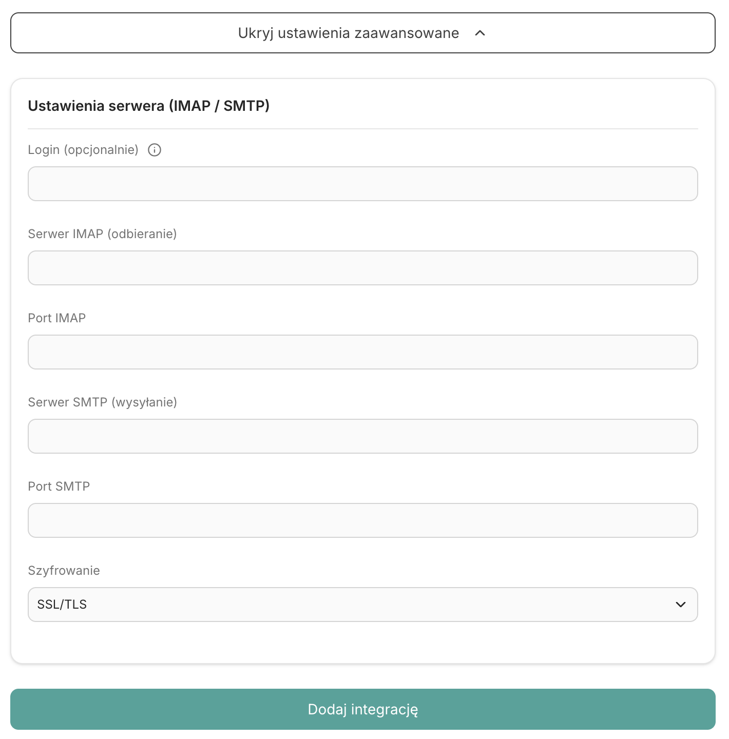 Rozwinięta karta Ustawienia serwera (IMAP / SMTP) z polami Login, Serwer IMAP, Port IMAP, Serwer SMTP, Port SMTP i Szyfrowanie