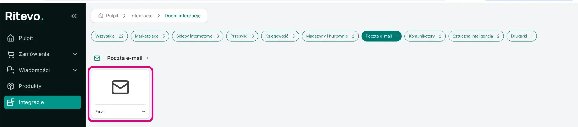 Ekran Dodaj integrację z wybranym filtrem Poczta e-mail i zaznaczonym kafelkiem Email