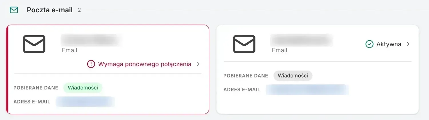 Dwie skrzynki na liście integracji: jedna z czerwoną ramką i napisem Wymaga ponownego połączenia, druga ze statusem Aktywna