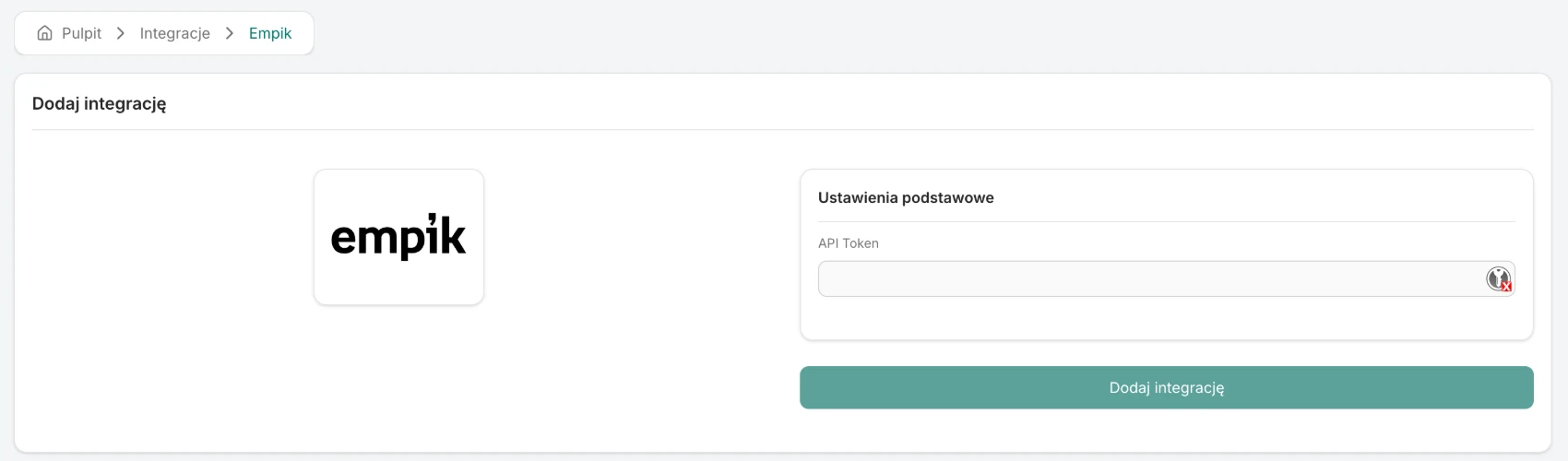 The Empik add-integration screen with the API Token field and the Add integration button