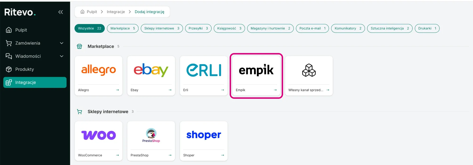 The Add integration screen with the Empik tile framed in the Marketplace section