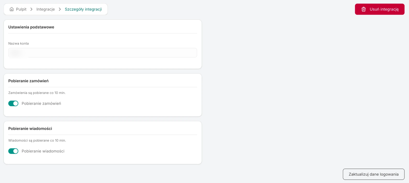 Empik integration details: the account name, the Fetch orders and Fetch messages switches and the Update credentials button