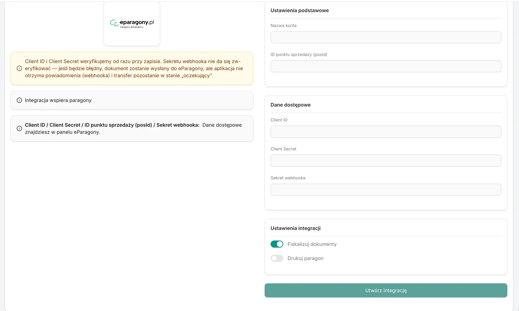The eParagony add-integration screen with the Basic settings, Credentials and Integration settings cards