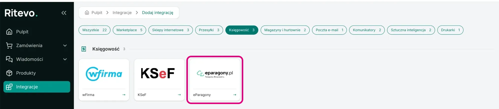 The Add integration screen with the eParagony tile framed in the Accounting section