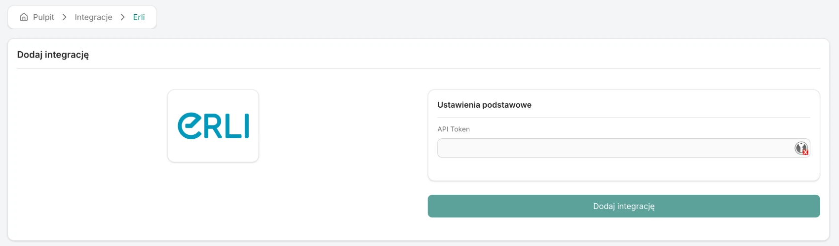 The Erli add-integration screen with the API Token field and the Add integration button
