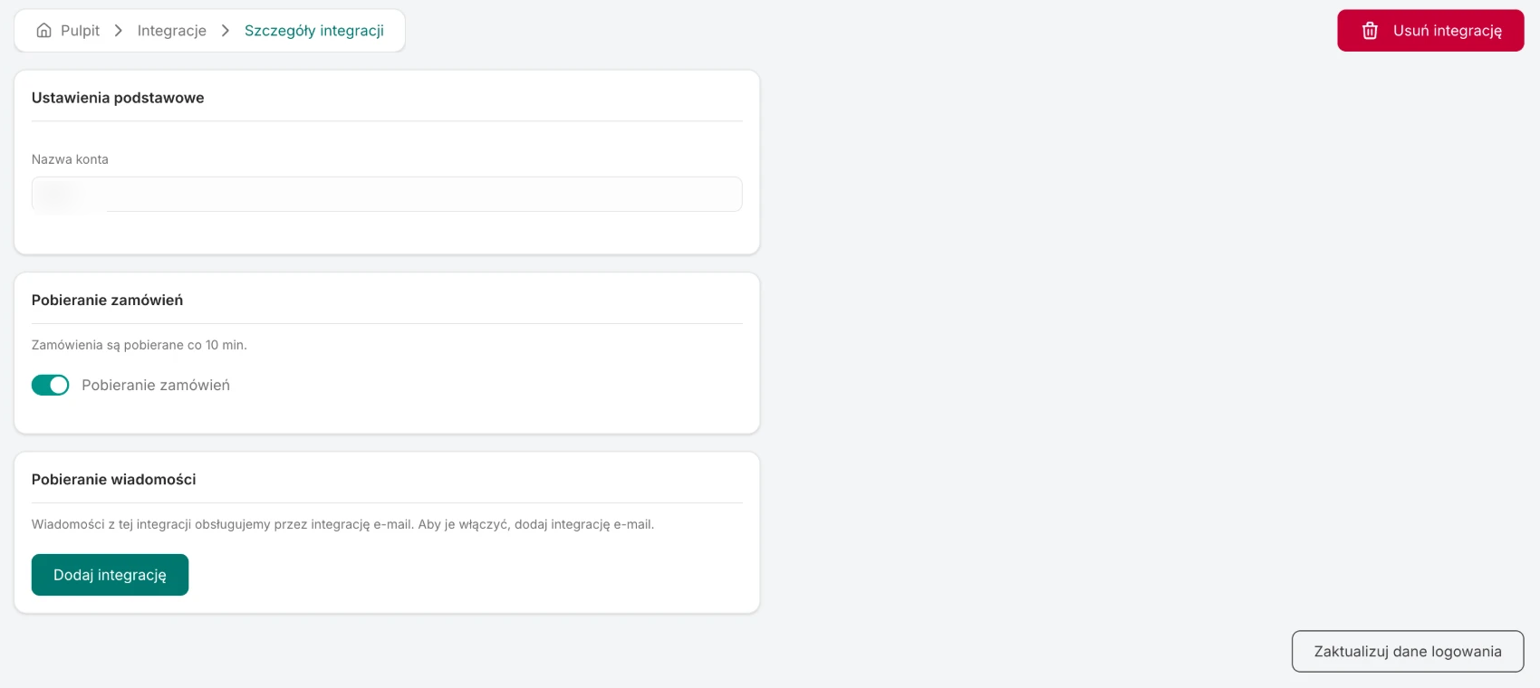 Erli integration details: the account name, the Fetch orders switch, the messages card pointing to the email integration and the Update credentials button