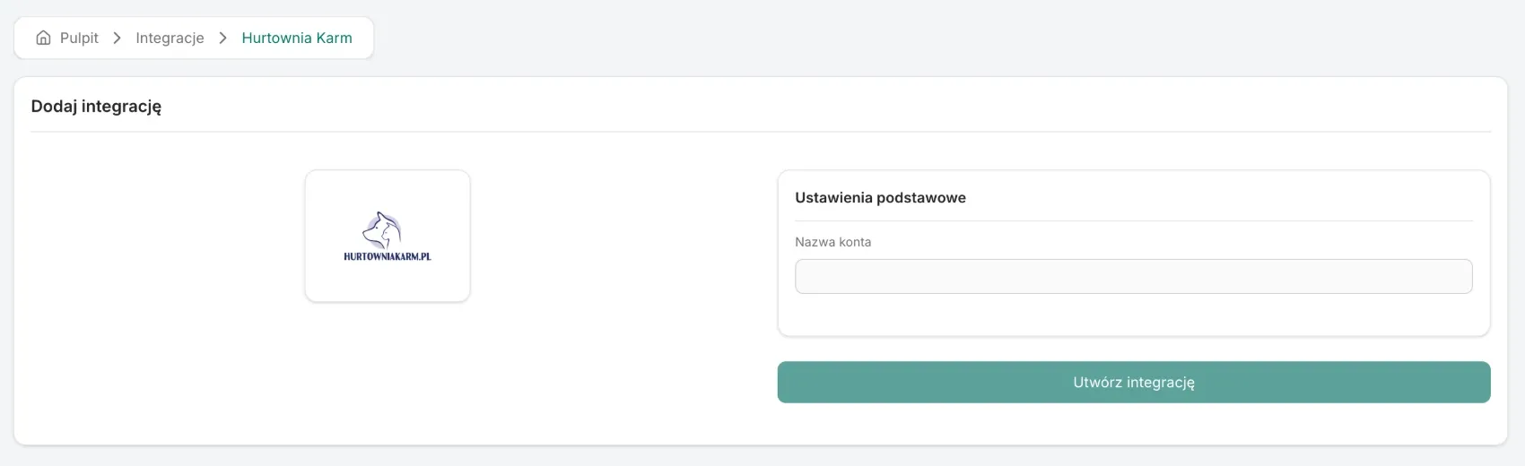Ekran dodawania integracji Hurtownia Karm z polem Nazwa konta i przyciskiem Utwórz integrację