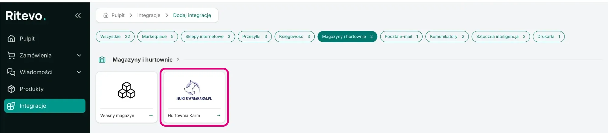 Ekran Dodaj integrację z zaznaczonym kafelkiem Hurtownia Karm w sekcji Magazyny i hurtownie