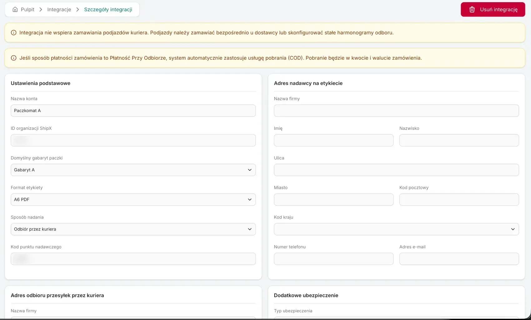 InPost integration details: basic settings with parcel size, label format, drop-off method and point code, and the sender address