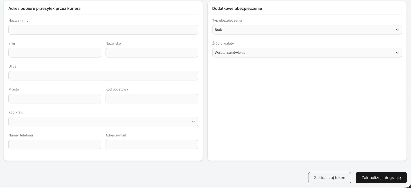 The bottom of the InPost integration page with the Update token and Update integration buttons