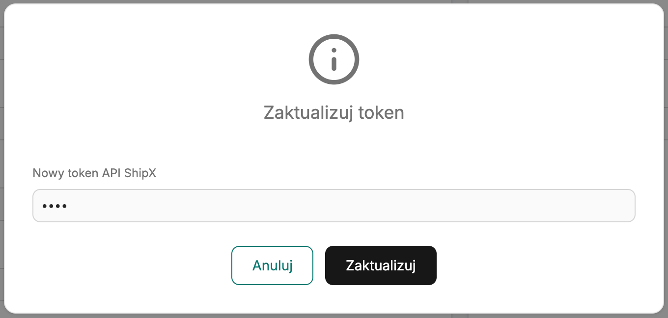 The Update token window of the InPost integration with the New ShipX API token field