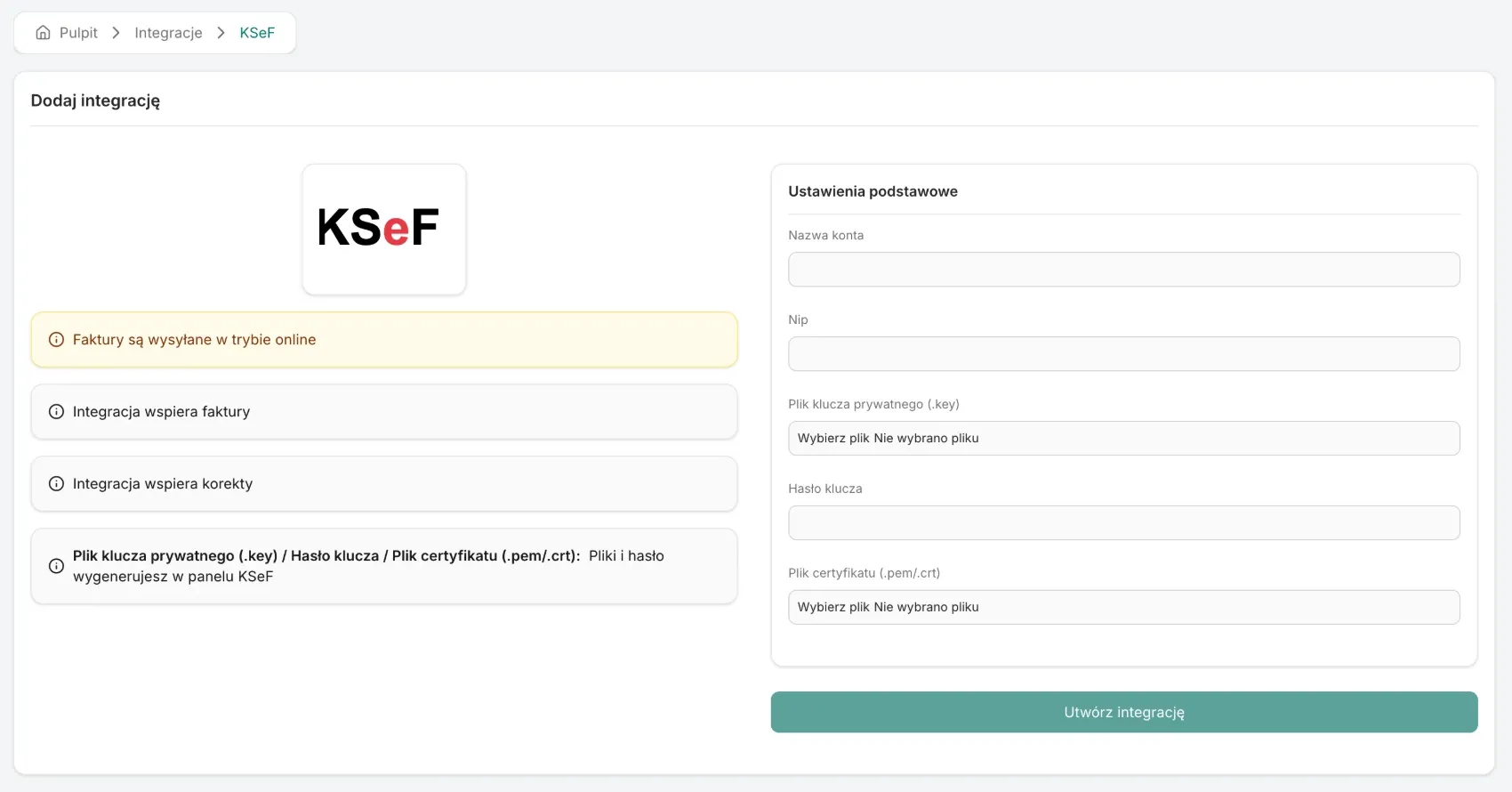 The KSeF add-integration screen with the Account name and Nip fields, the certificate files and the key password