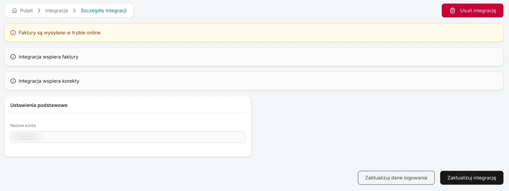 KSeF integration details: the online mode note, the account name and the Update credentials button