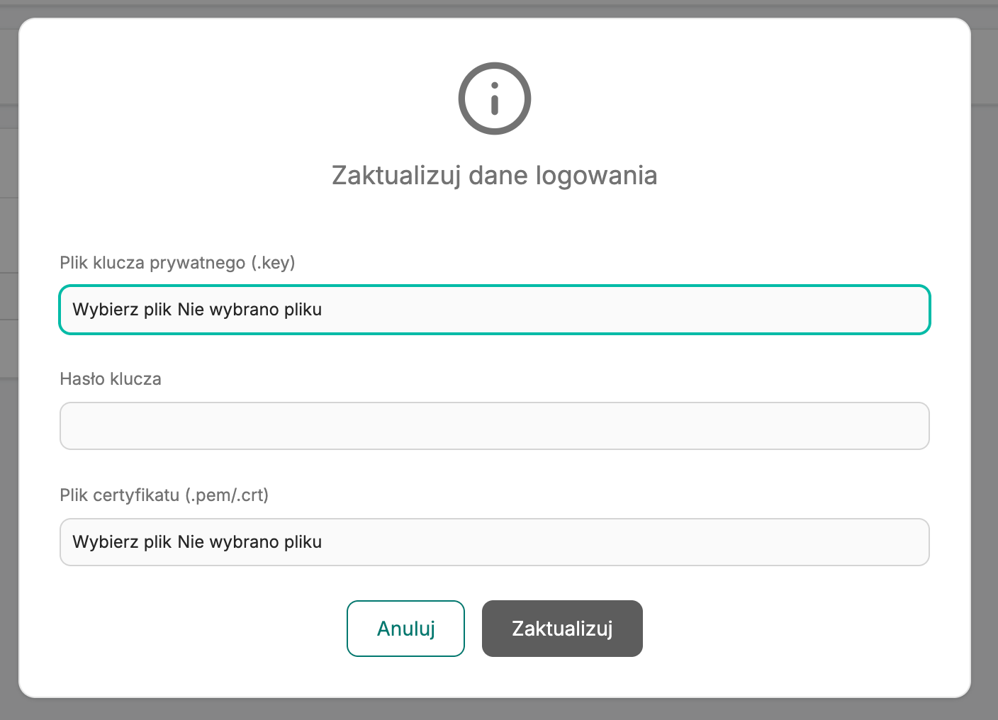 The Update credentials window of the KSeF integration with fields for the private key file, the key password and the certificate file