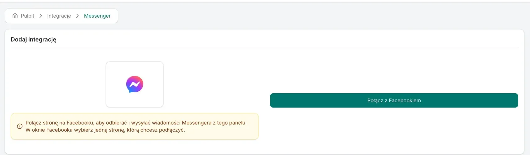 The Messenger add-integration screen with the note about picking one Page and the Connect with Facebook button