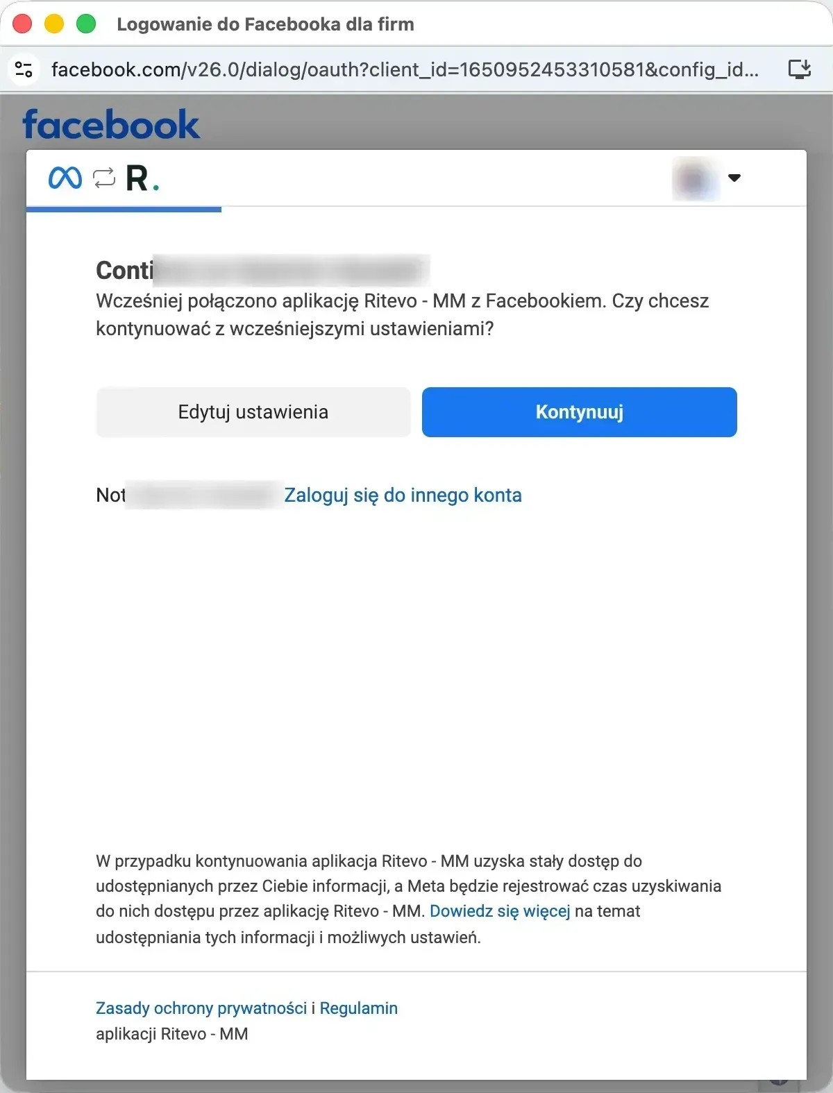 The Facebook for business sign-in window asking whether to continue with the previous settings, with the Edit settings and Continue buttons