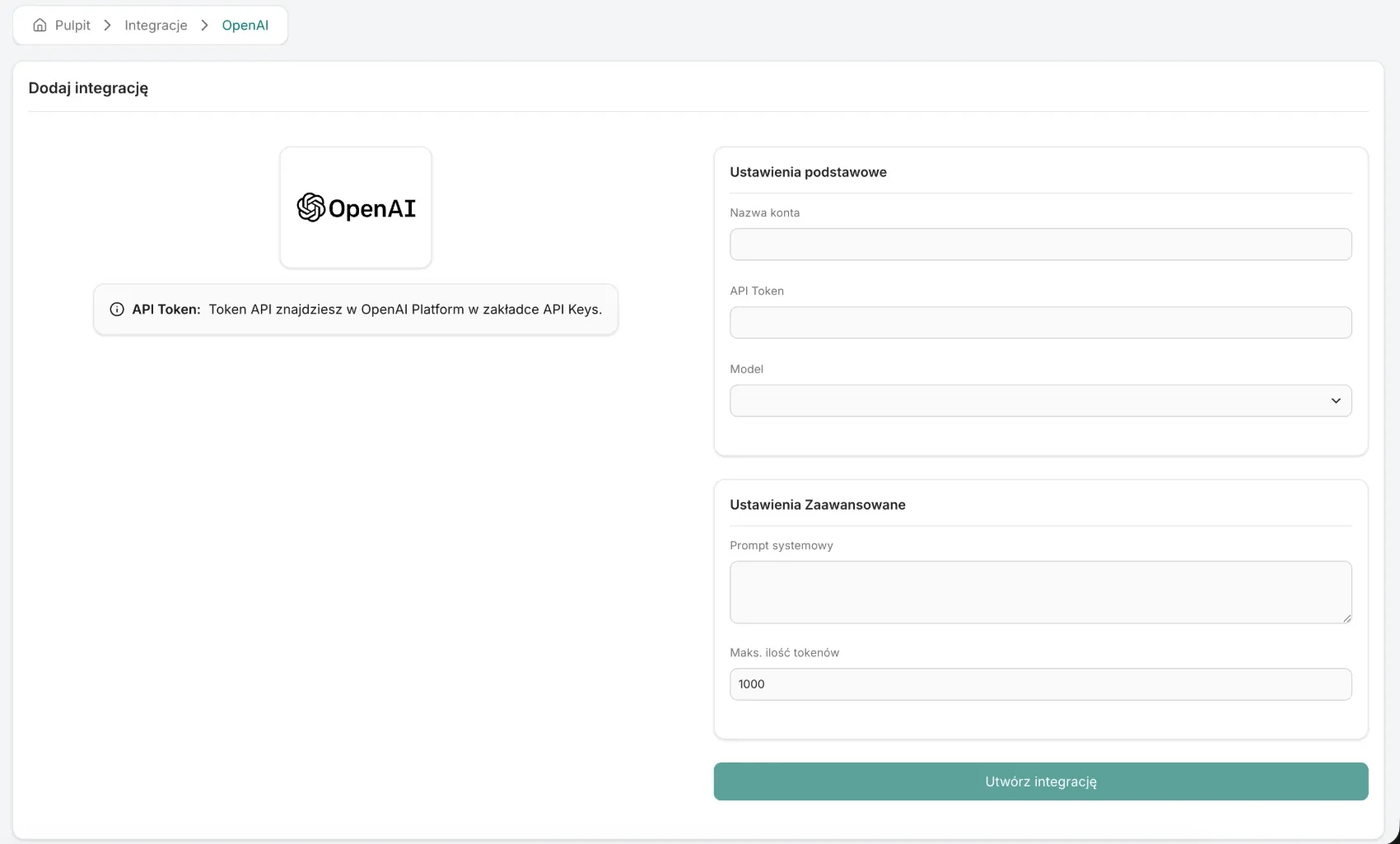 The OpenAI add screen with the Account name, API Token, Model, System prompt and Max tokens fields