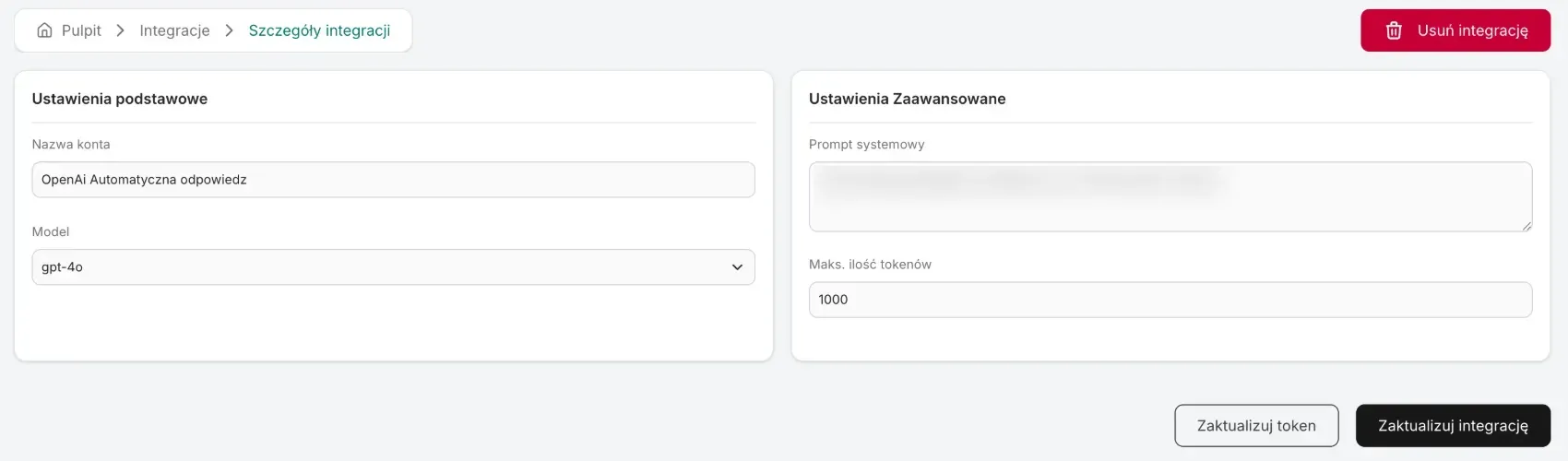 OpenAI integration details: account name, model, system prompt, max tokens and the Update token and Update integration buttons