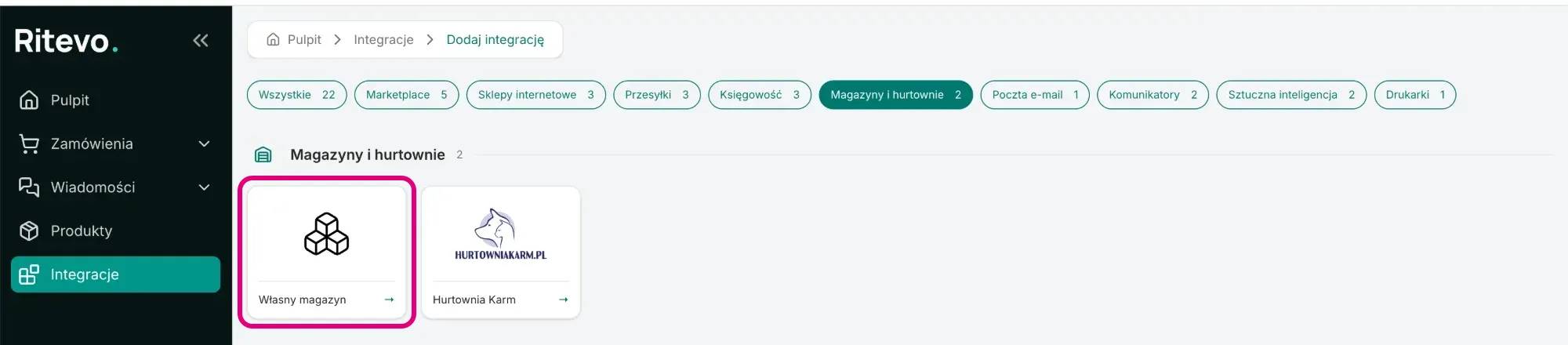 Ekran Dodaj integrację z zaznaczonym kafelkiem Własny magazyn w sekcji Magazyny i hurtownie