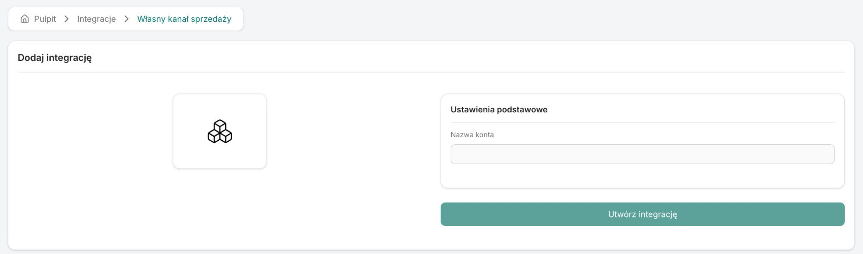 Ekran dodawania własnego kanału sprzedaży z polem Nazwa konta i przyciskiem Utwórz integrację