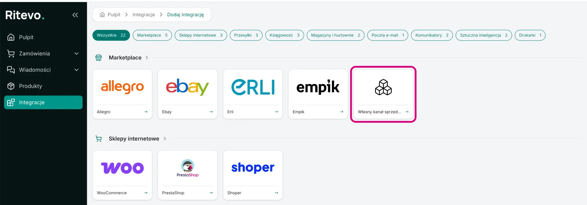 Ekran Dodaj integrację z zaznaczonym kafelkiem Własny kanał sprzedaży w sekcji Marketplace