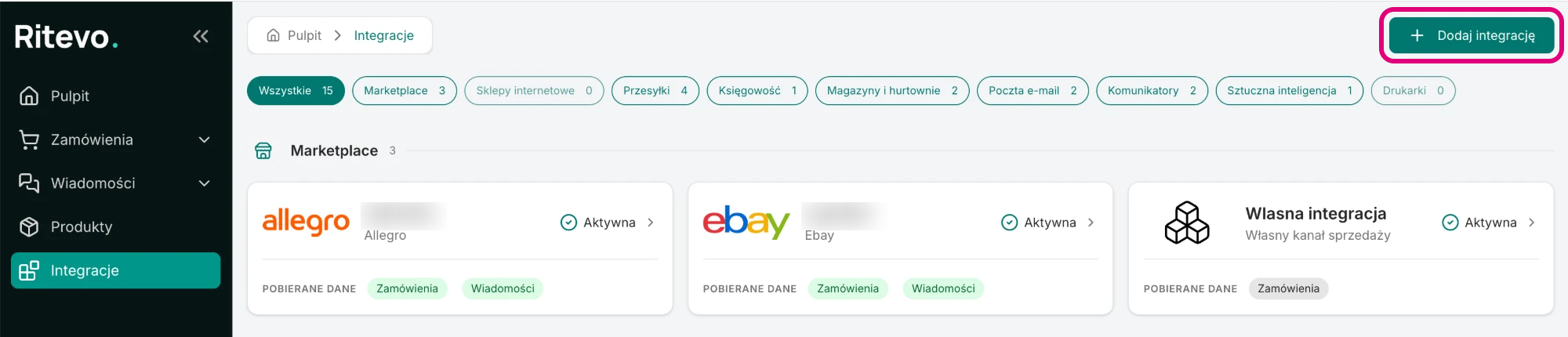 Lista integracji w Ritevo z zaznaczonym przyciskiem Dodaj integrację w prawym górnym rogu