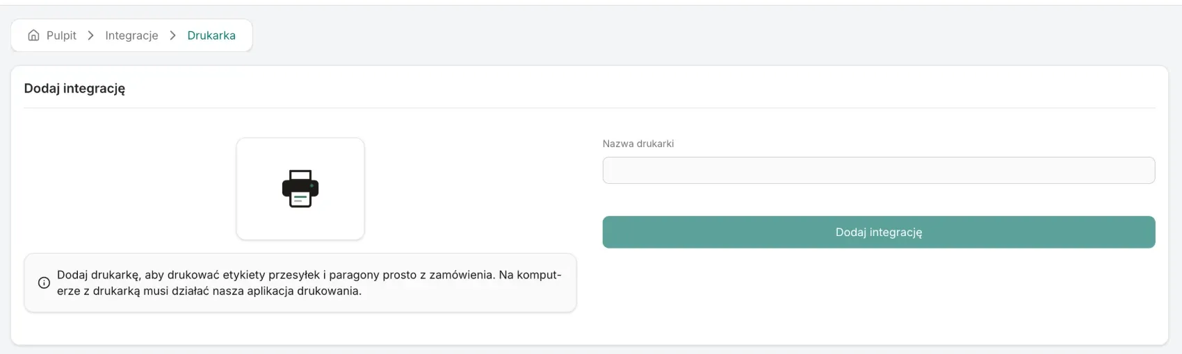 Formularz dodania drukarki z polem Nazwa drukarki