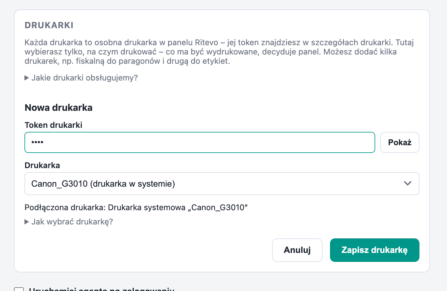 Formularz nowej drukarki w Ritevo Printer z tokenem i rozpoznaną drukarką systemową