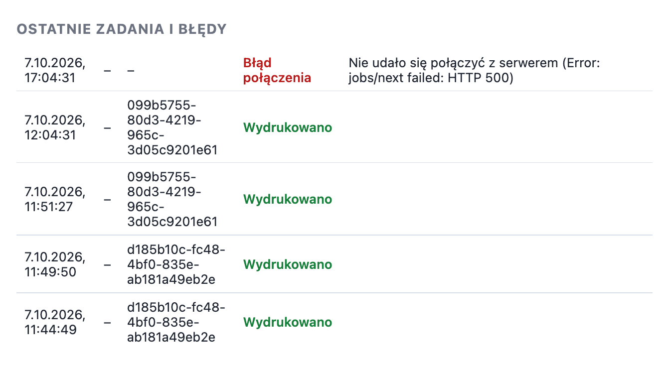 Sekcja Ostatnie zadania i błędy w Ritevo Printer