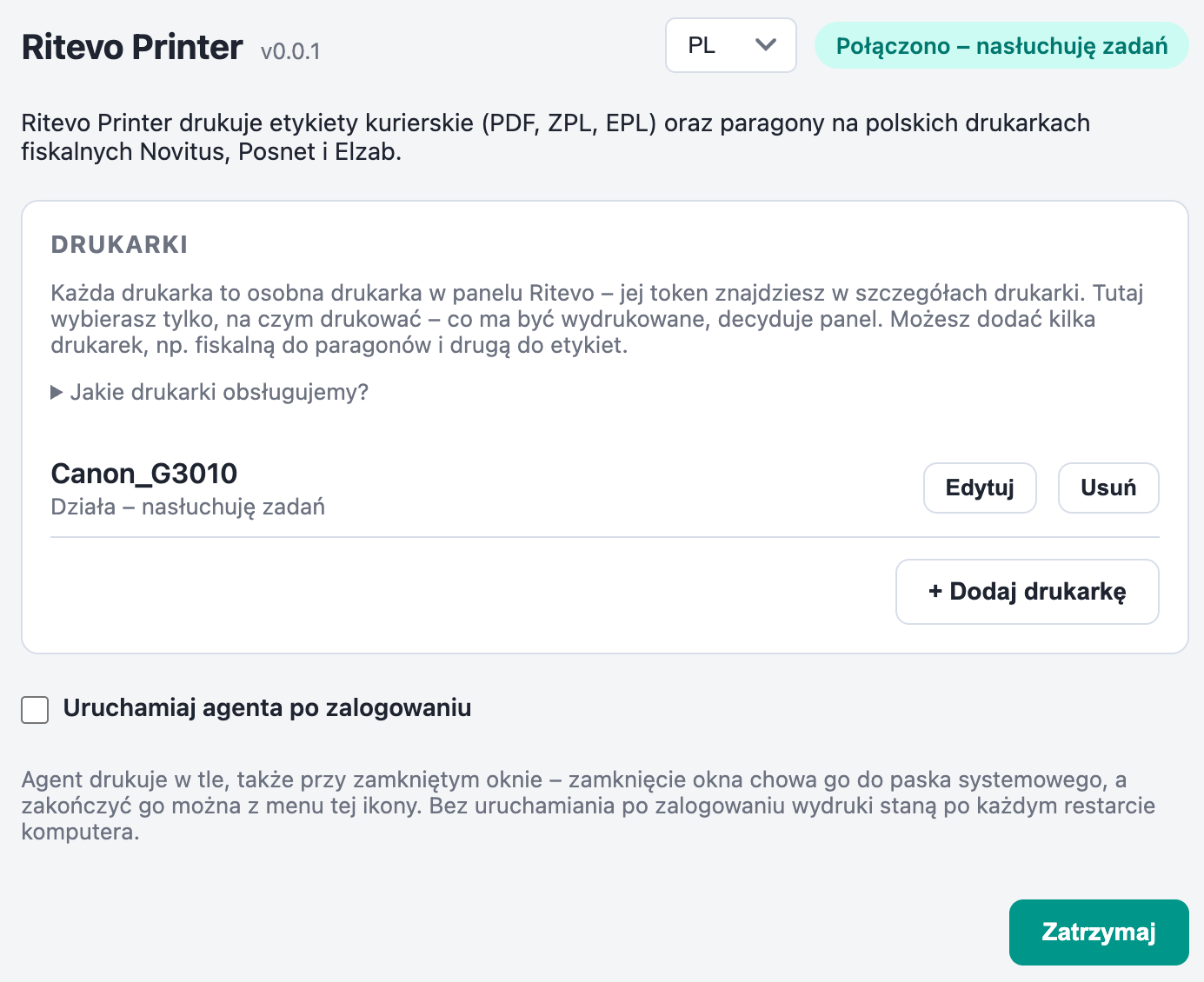 Okno Ritevo Printer z listą drukarek i przyciskiem Dodaj drukarkę