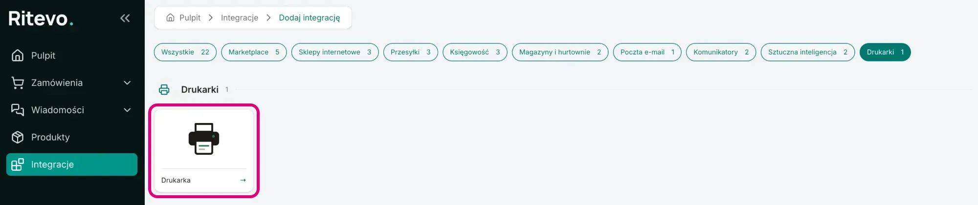 Katalog integracji w Ritevo z zaznaczonym kafelkiem Drukarka w sekcji Drukarki