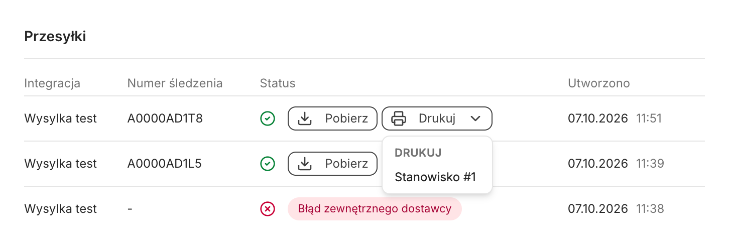 Karta Przesyłki w zamówieniu z rozwiniętym przyciskiem Drukuj i listą drukarek