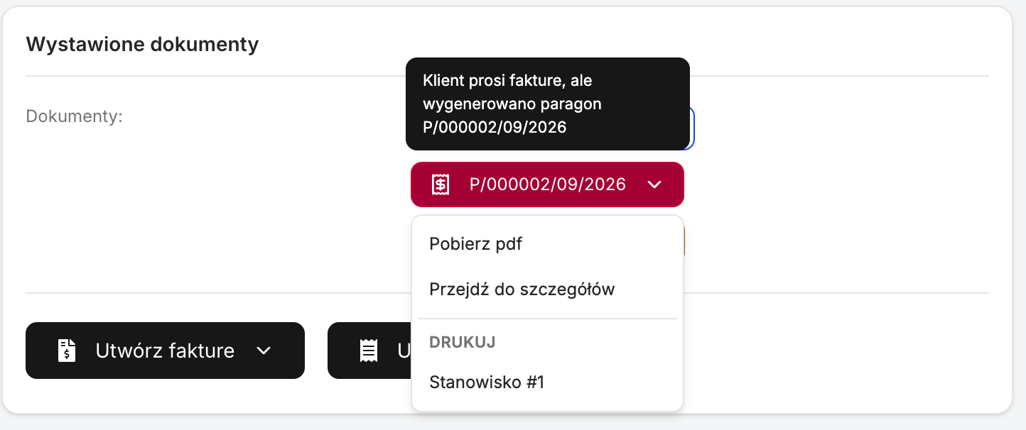 Wystawione dokumenty w zamówieniu z rozwiniętym paragonem i sekcją Drukuj z listą drukarek