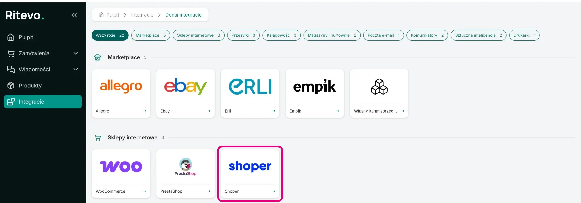 The Add integration screen with the Shoper tile framed in the Online stores section