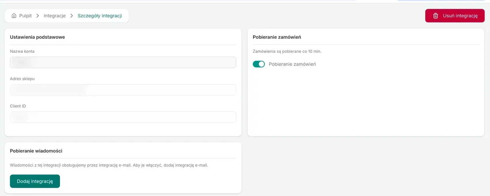 Shoper integration details: the account name, store address, Client ID, the Fetch orders switch and the messages card pointing to the email integration