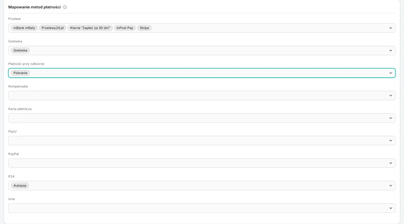 The Payment method mapping card of the Shoper integration with an example assignment of the store's methods
